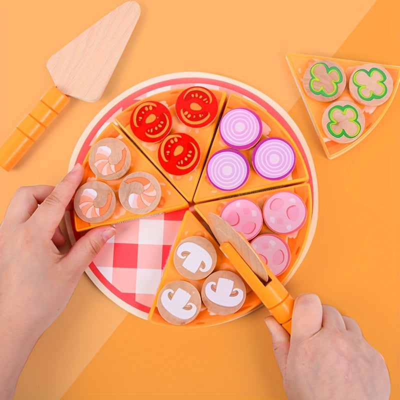 Wooden Pizza Playset Pretend Play Food Toy with Cutting Utensils