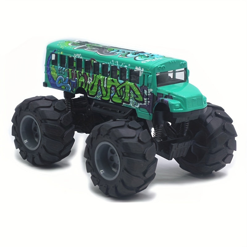 Alloy Monster Truck School Bus Toy Pull Back Action Big Wheels Durable Plastic