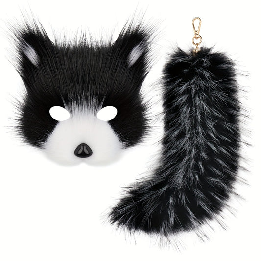 Plush Fox Mask Set with Tail Keychain - Animal Themed Accessories for Halloween