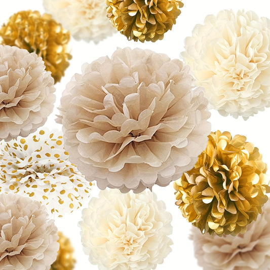 12pcs Golden Champagne Tissue Pom Poms - Elegant Party Decor