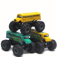 Alloy Monster Truck School Bus Toy Pull Back Action Big Wheels Durable Plastic