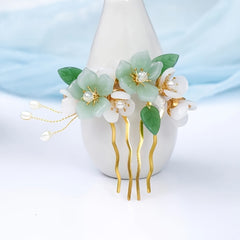 Green Glass Flowers Leaves Crystal Hair Comb Headwear