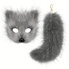 Plush Fox Mask Set with Tail Keychain - Animal Themed Accessories for Halloween