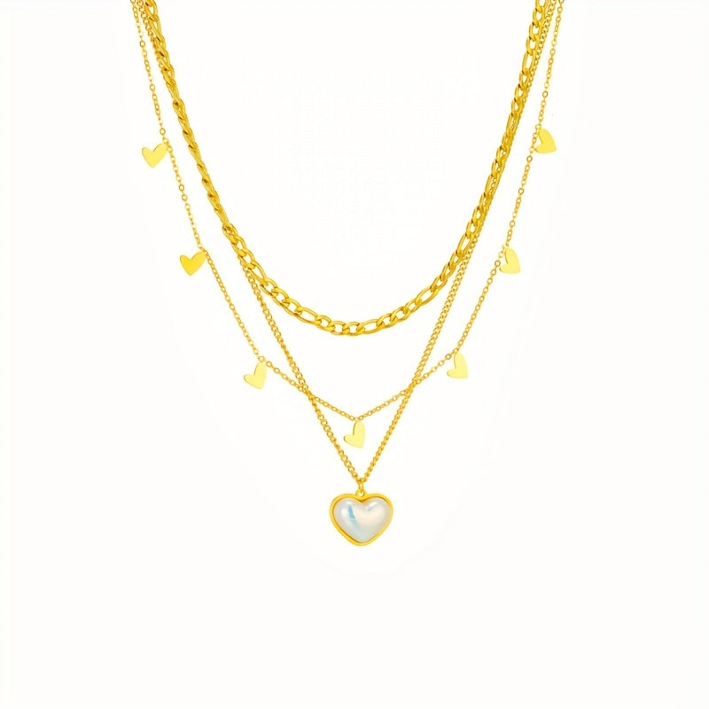 Stainless Steel Pendant Necklace, Golden Chain, Resin Heart Charm