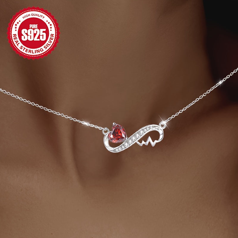 Infinity Love Heart Pendant Necklace with Red Zirconia 925 Sterling Silver