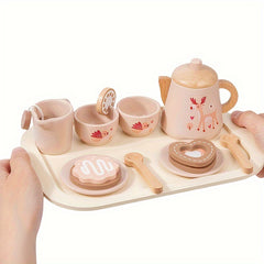 Wooden Tea Party Set for Kids Afternoon Tea Dessert Cake Teapot Cups