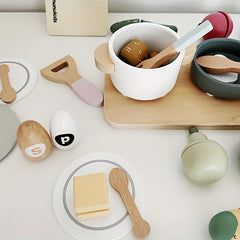 Wooden Play Food Set 42pcs Kitchen Toys Storage Basket Pretend Food Accessories