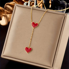 Double Heart Pendant Necklace Red Enamel Finish