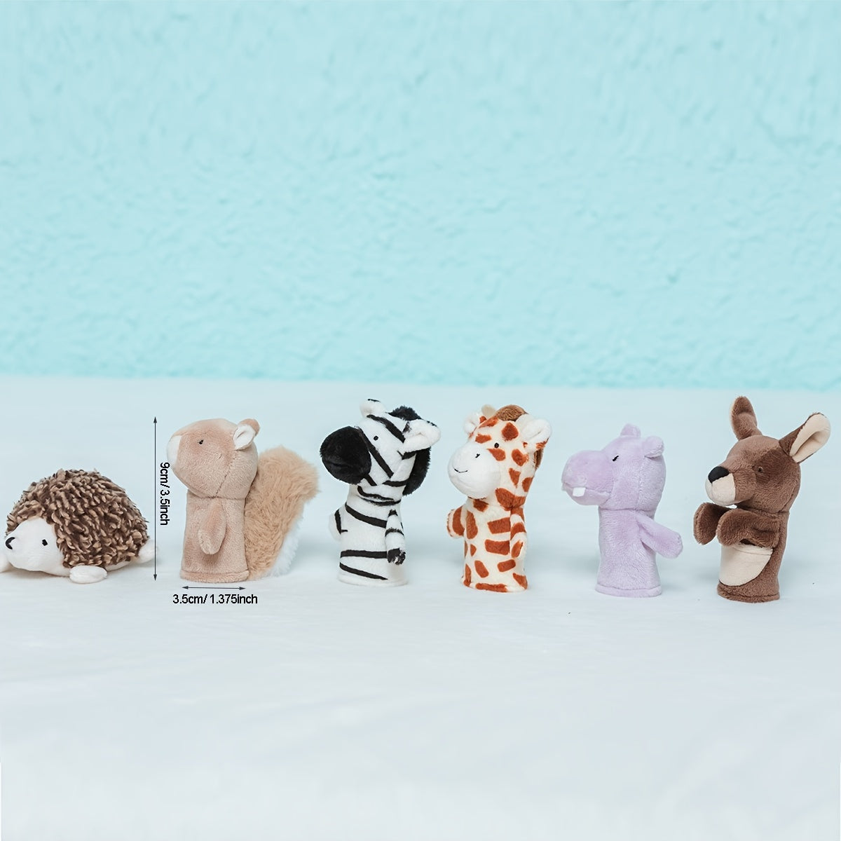 Plush Animal Finger Puppets Set: Zebra, Hippo, Kangaroo, Butterfly, Worm