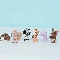 Plush Animal Finger Puppets Set: Zebra, Hippo, Kangaroo, Butterfly, Worm