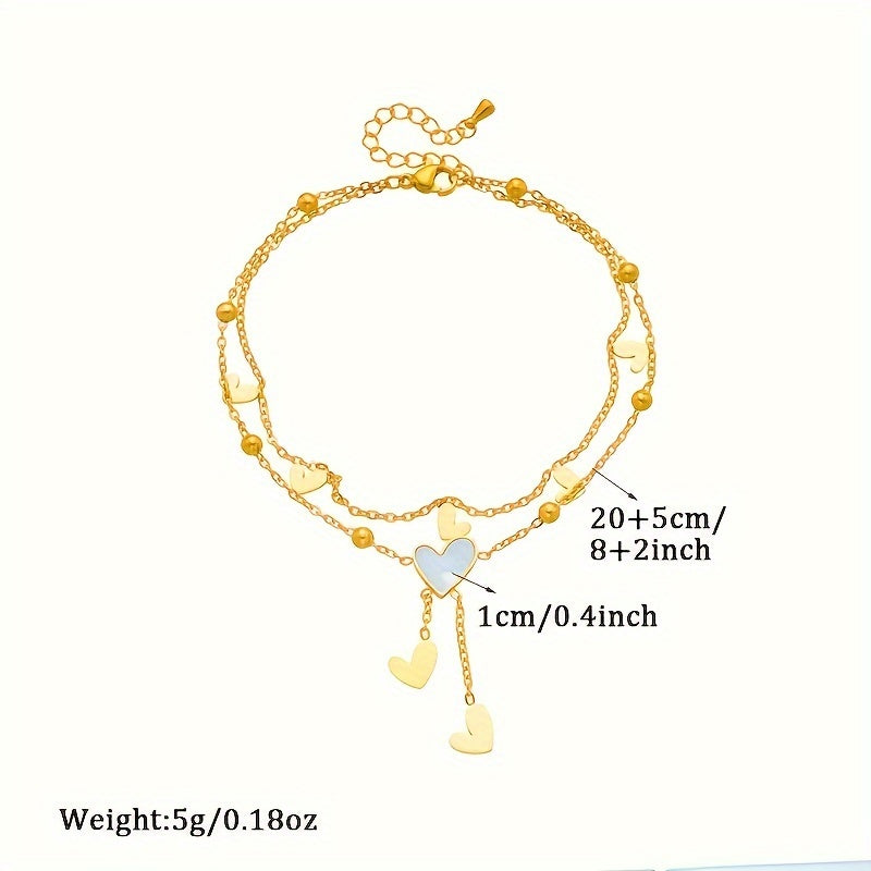 Stainless Steel Heart Bracelet Double Layer Tassel Pendant