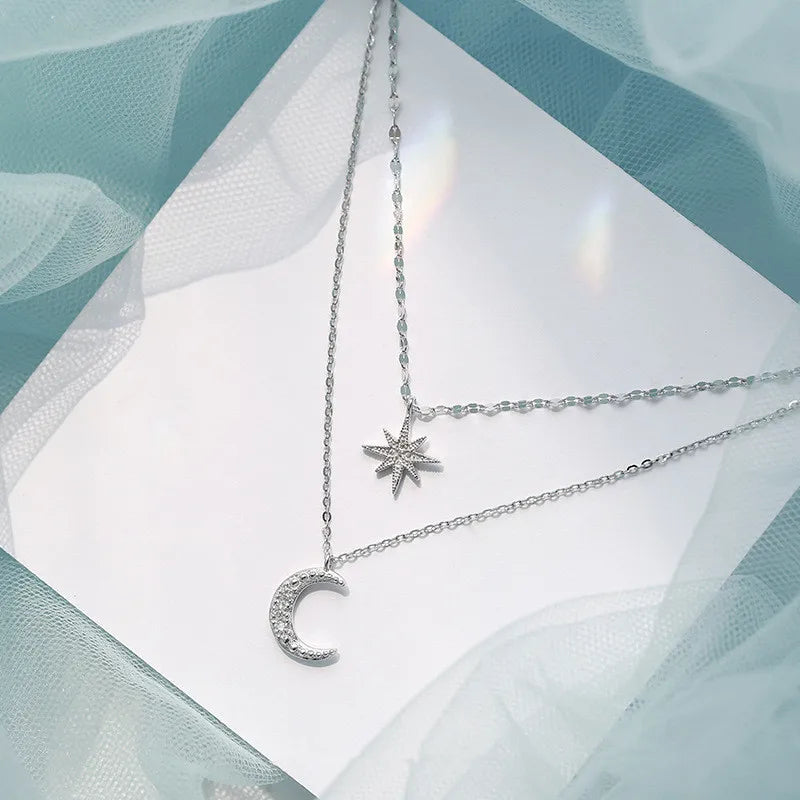 925 Silver Double Layer Star Moon Pendant Necklace for Women