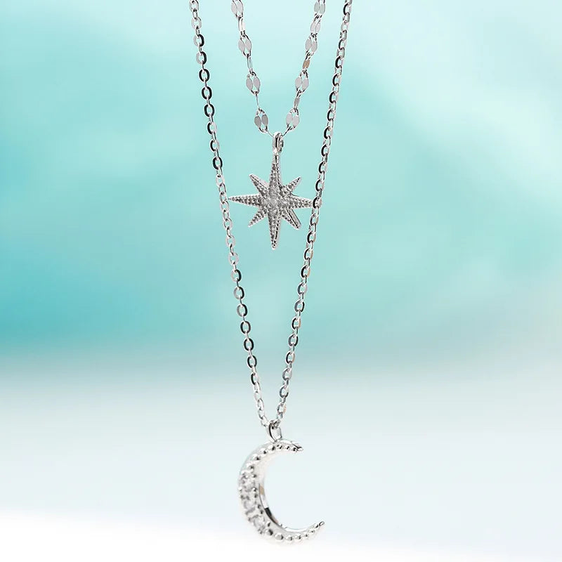 925 Silver Double Layer Star Moon Pendant Necklace for Women