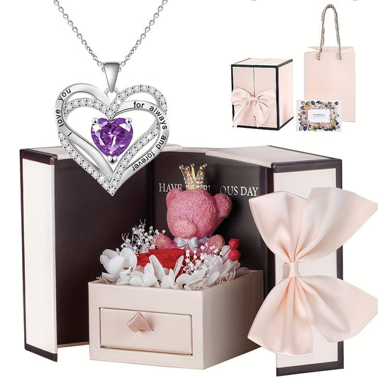 Hollow Love Heart Pendant Necklace Purple Zirconia Bear & Rose Flower Jewelry
