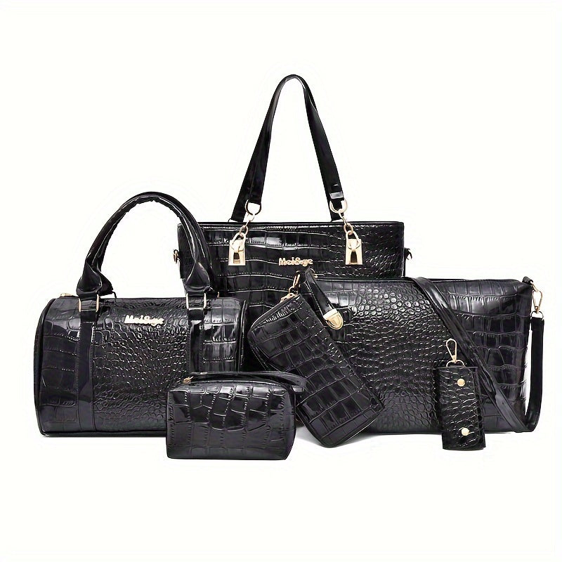 6 Pc Crocodile Pattern Bag Set Women's Shoulder Tote Handbag
