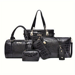 6 Pc Crocodile Pattern Bag Set Women's Shoulder Tote Handbag