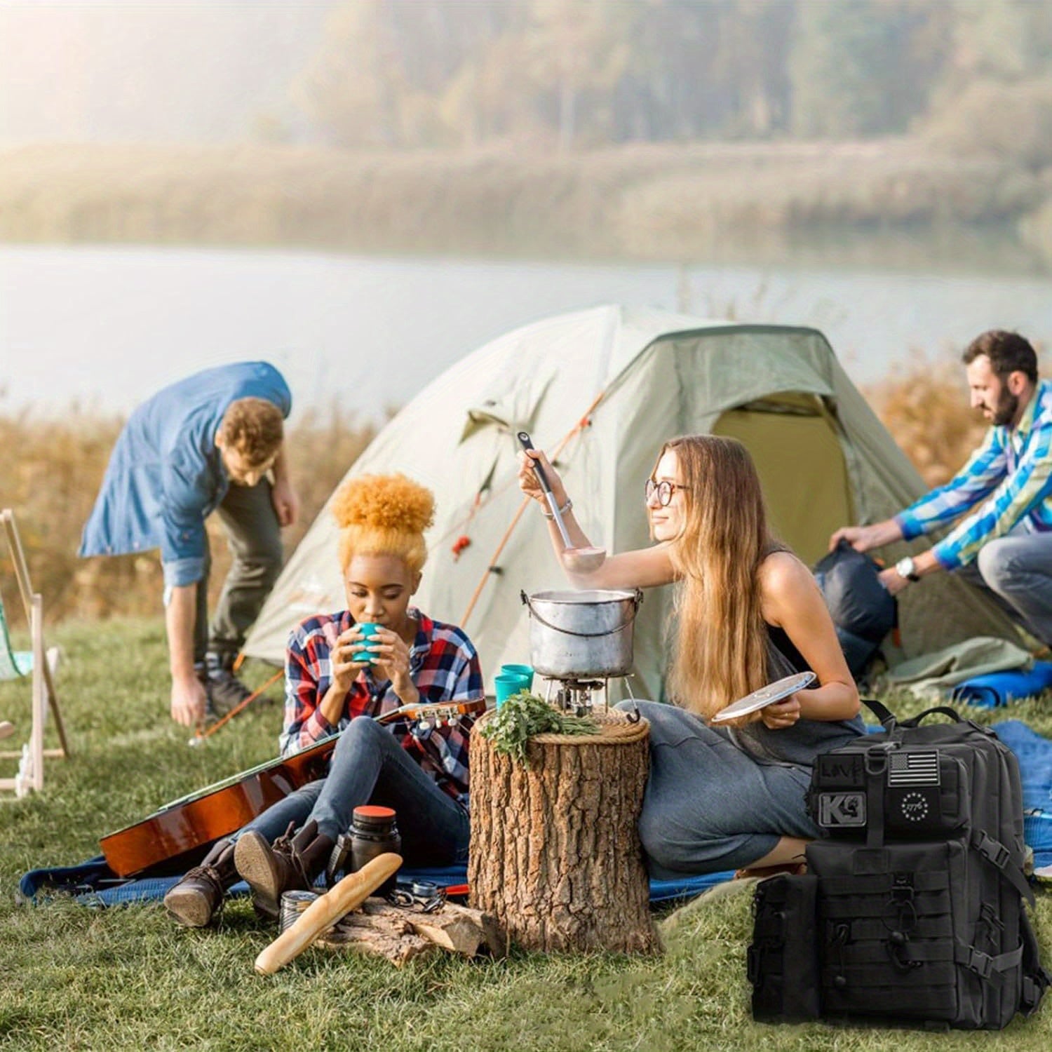 45L Backpack Men Camping Hiking Daypack with Water Bottle Pouch