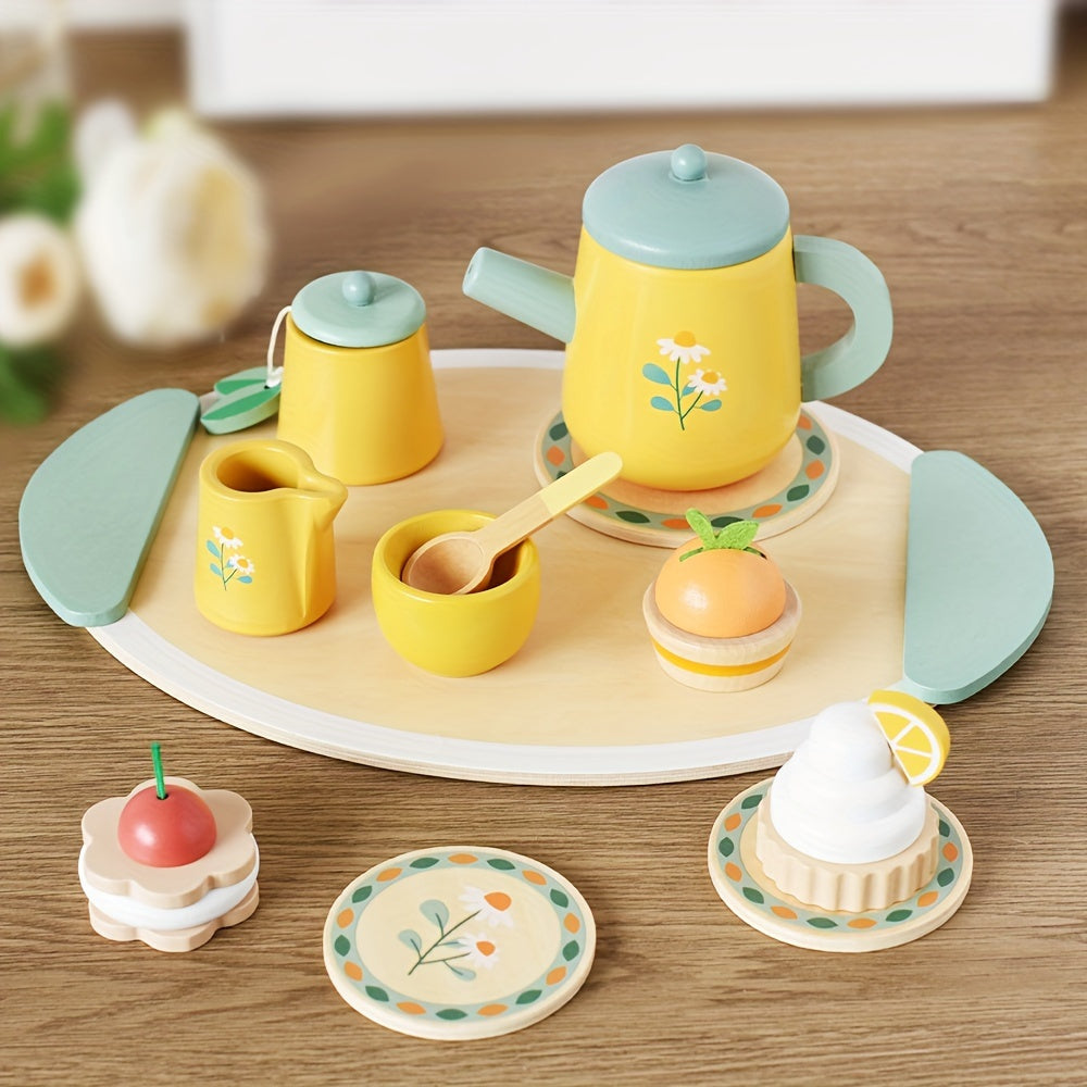 Wooden Afternoon Tea Dessert Set Toy 13pcs Pretend Play Kitchen Accessories