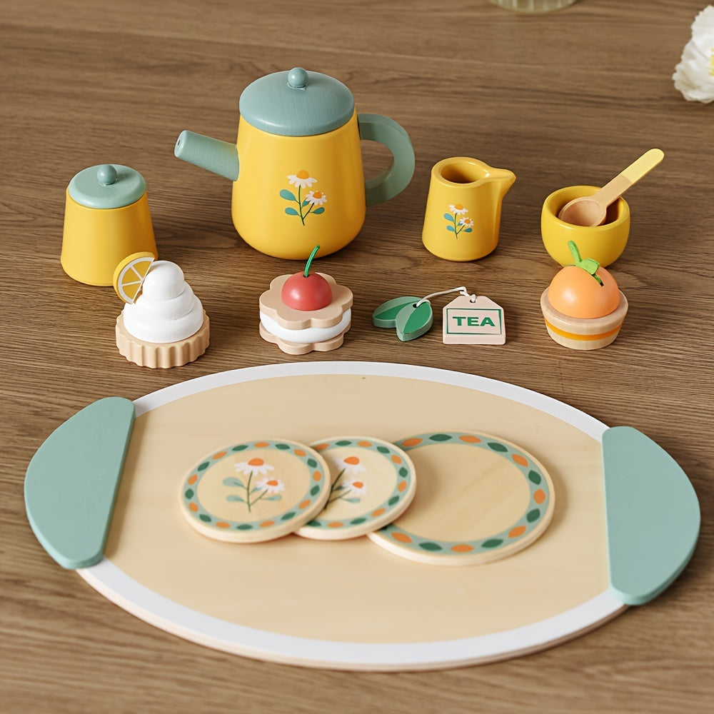 Wooden Afternoon Tea Dessert Set Toy 13pcs Pretend Play Kitchen Accessories