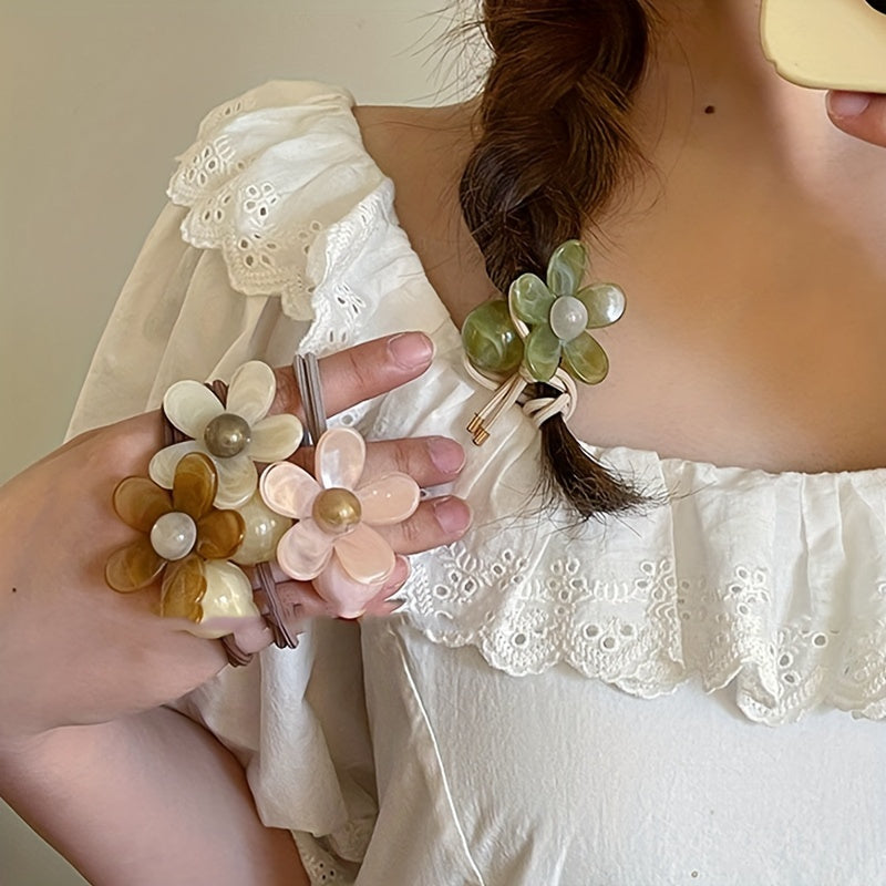 Retro Flower Hair Ties - Set of 3 - Sweet Designs for Women and Girls