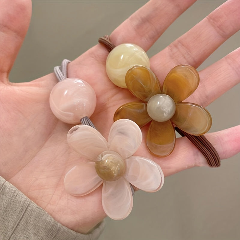 Retro Flower Hair Ties - Set of 3 - Sweet Designs for Women and Girls