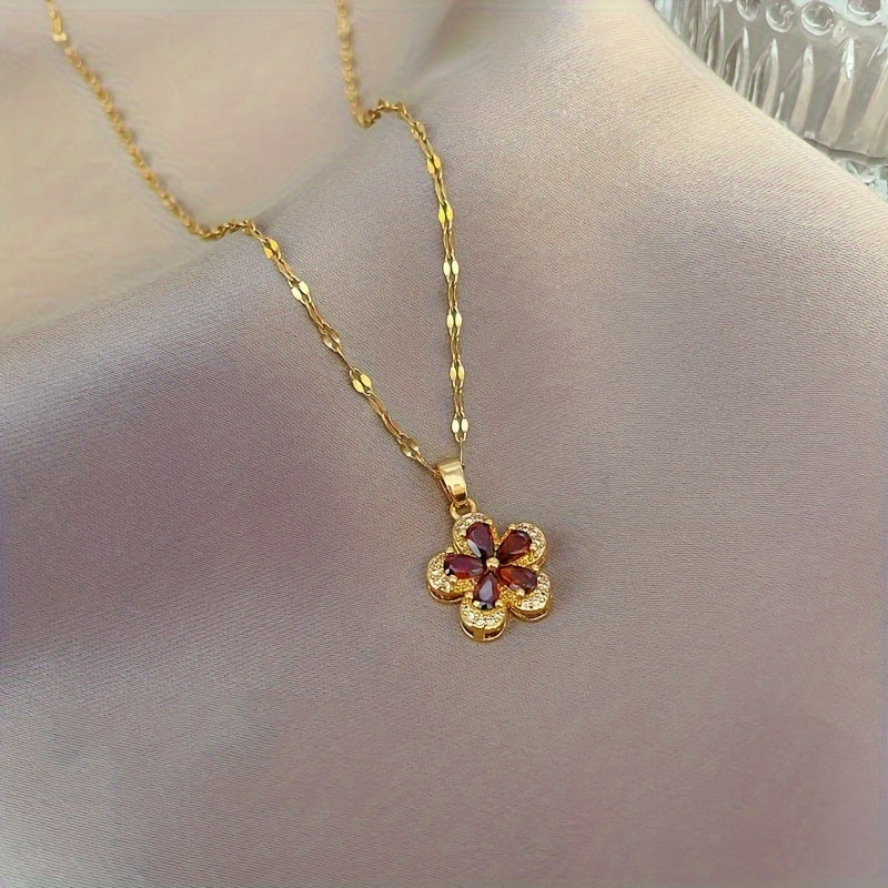 Stainless Steel Red Flower Necklace Clavicle Chain
