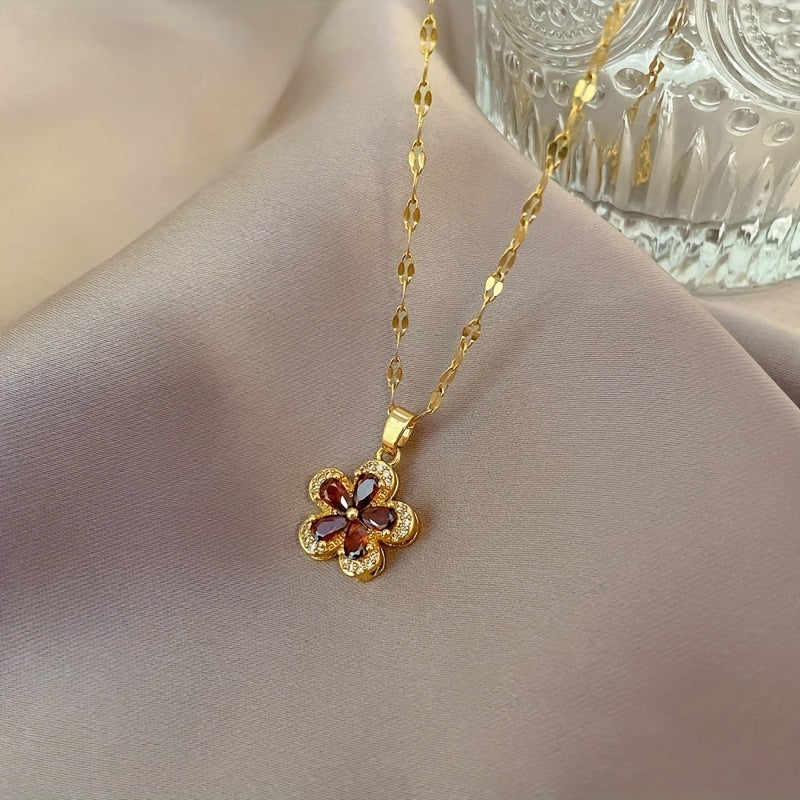 Stainless Steel Red Flower Necklace Clavicle Chain
