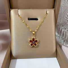 Stainless Steel Red Flower Necklace Clavicle Chain