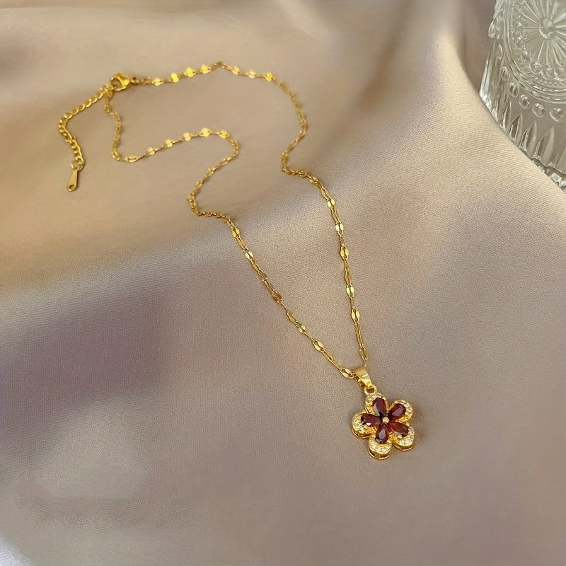 Stainless Steel Red Flower Necklace Clavicle Chain