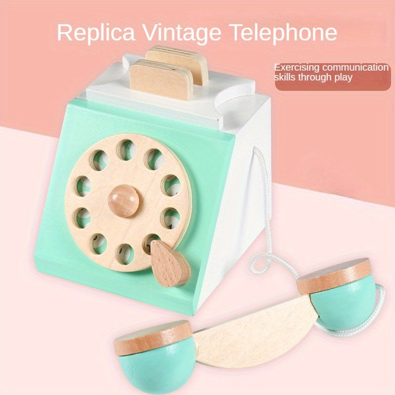 Interactive Wooden Telephone Pretend Retro Phone