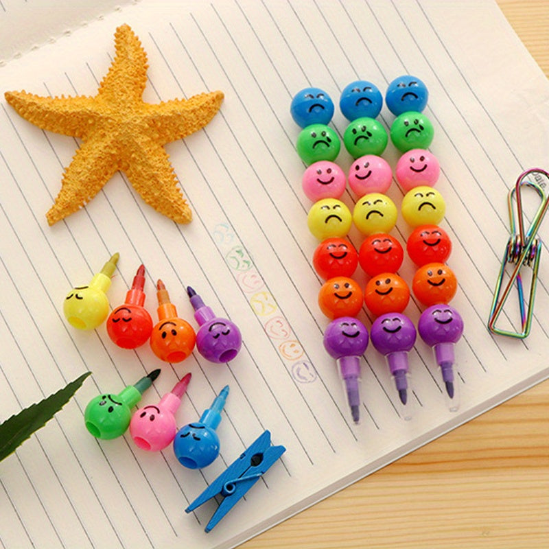 10pcs Fun Cartoon Face Crayons 7 Colors Building Block School Rewards Birthday