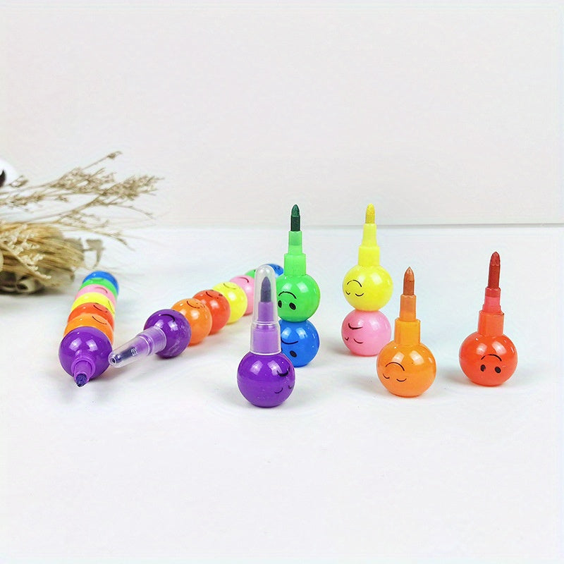10pcs Fun Cartoon Face Crayons 7 Colors Building Block School Rewards Birthday
