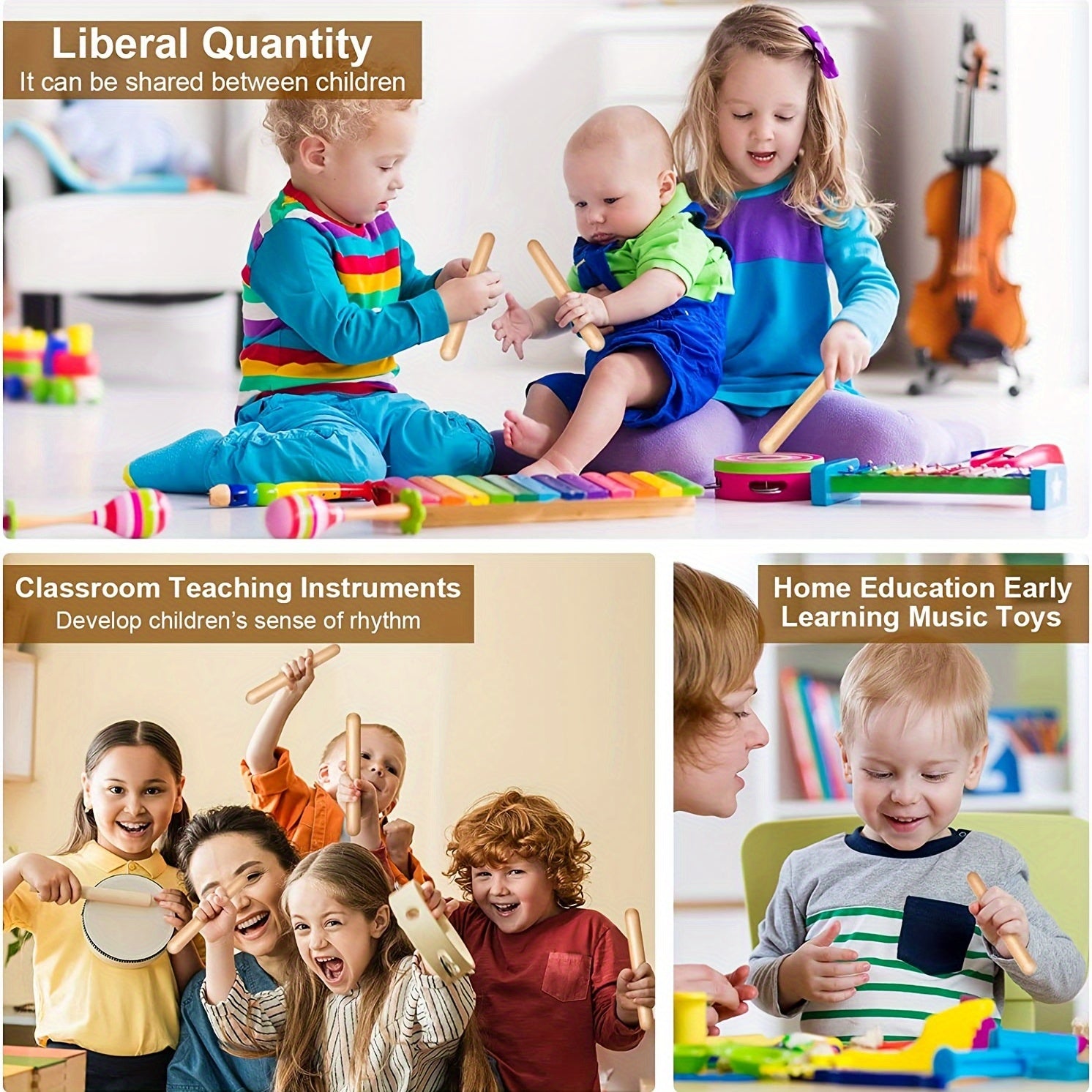 Kids Wooden Drumsticks 2 Pack Rhythm Music Sticks for Children 3-6 Years