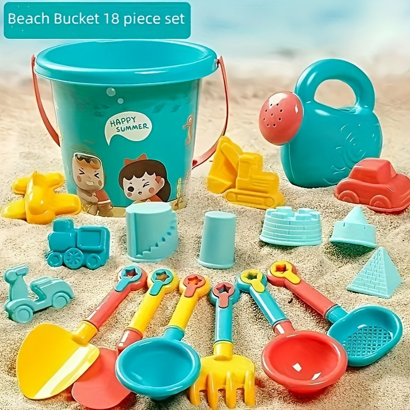 18-Piece Beach Sand Toy Set with Trolley Bucket & Hourglass for Water Fun