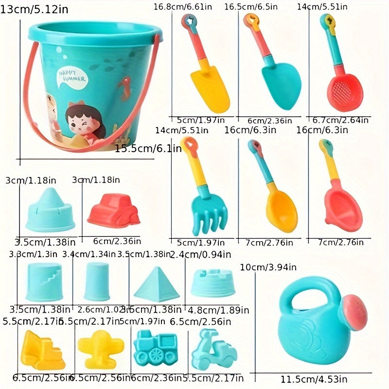 18-Piece Beach Sand Toy Set with Trolley Bucket & Hourglass for Water Fun