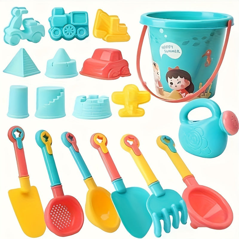 18-Piece Beach Sand Toy Set with Trolley Bucket & Hourglass for Water Fun