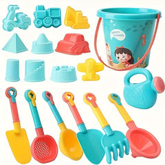 18-Piece Beach Sand Toy Set with Trolley Bucket & Hourglass for Water Fun