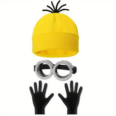 3pcs Halloween Costume Set for Adults - Goggles, Yellow Beanie & Gloves