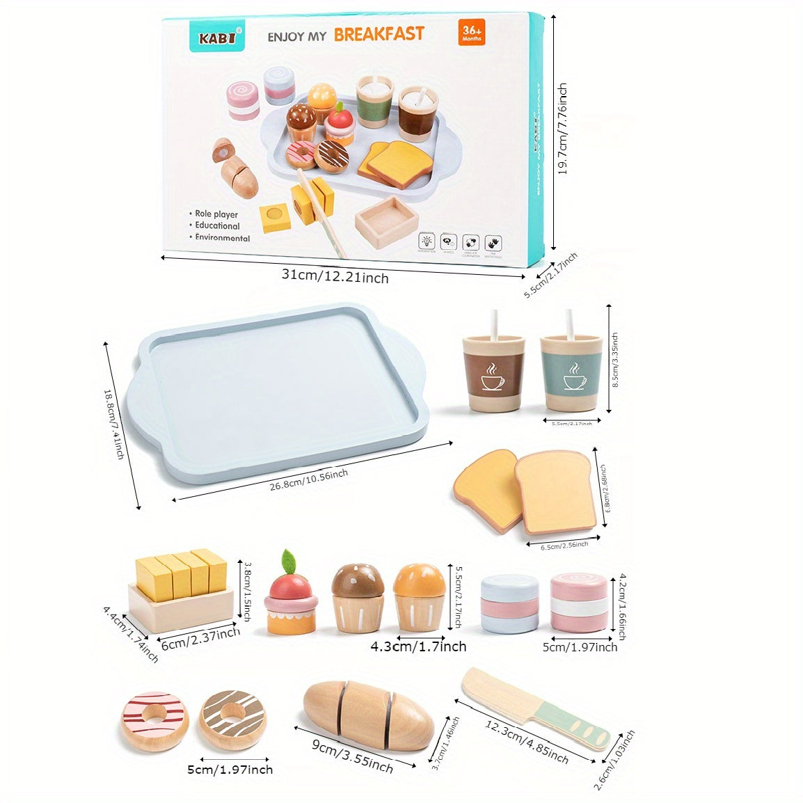 Kids Wooden Play Food Set Breakfast Toy Desserts Drinks Sandwich