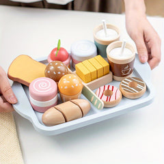 Kids Wooden Play Food Set Breakfast Toy Desserts Drinks Sandwich