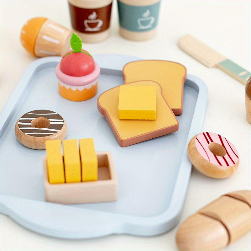 Kids Wooden Play Food Set Breakfast Toy Desserts Drinks Sandwich