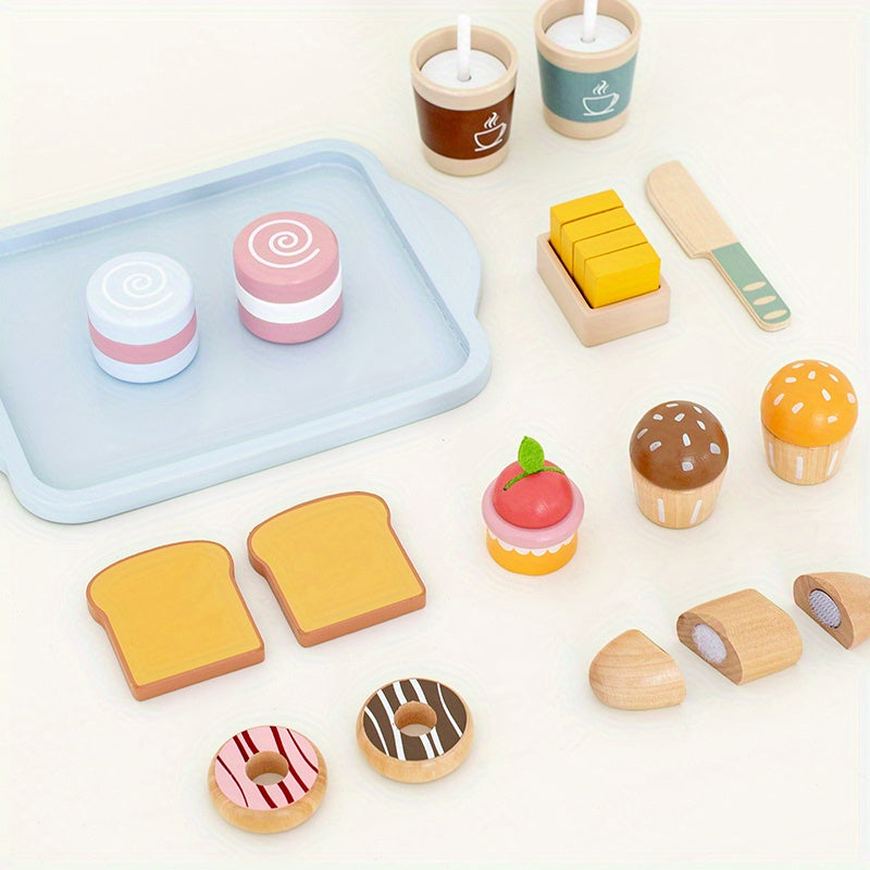 Kids Wooden Play Food Set Breakfast Toy Desserts Drinks Sandwich