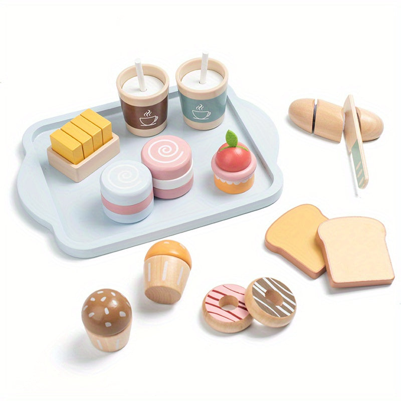 Kids Wooden Play Food Set Breakfast Toy Desserts Drinks Sandwich
