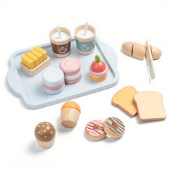 Kids Wooden Play Food Set Breakfast Toy Desserts Drinks Sandwich