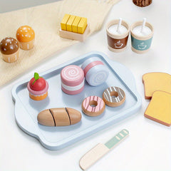 Kids Wooden Play Food Set Breakfast Toy Desserts Drinks Sandwich