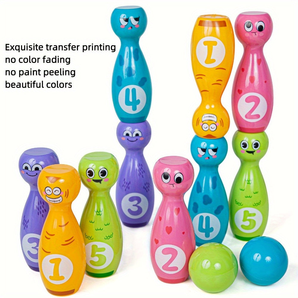 10 Pack Cartoon Bowling Set plus 2 Balls, Colorful Durable Fade-Resistant Design