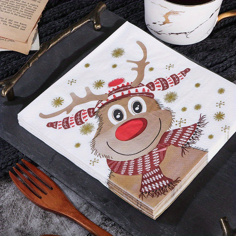 20pcs Christmas Reindeer Napkins 2 Ply Holiday Dinner & Party Decor Green