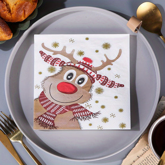 20pcs Christmas Reindeer Napkins 2 Ply Holiday Dinner & Party Decor Green