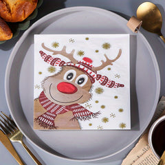 20pcs Christmas Reindeer Napkins 2 Ply Holiday Dinner & Party Decor Green