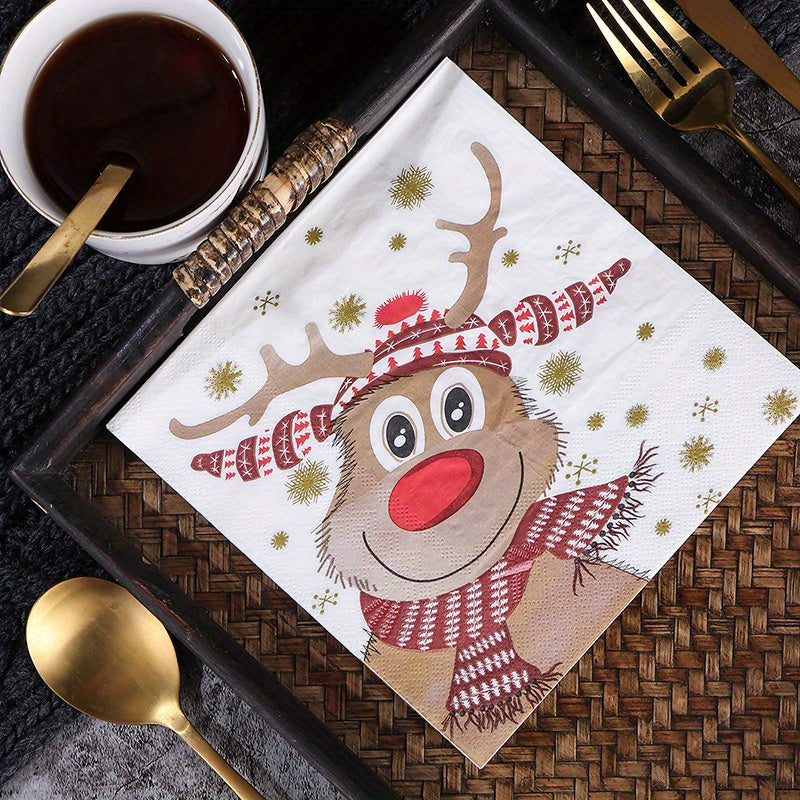 20pcs Christmas Reindeer Napkins 2 Ply Holiday Dinner & Party Decor Green